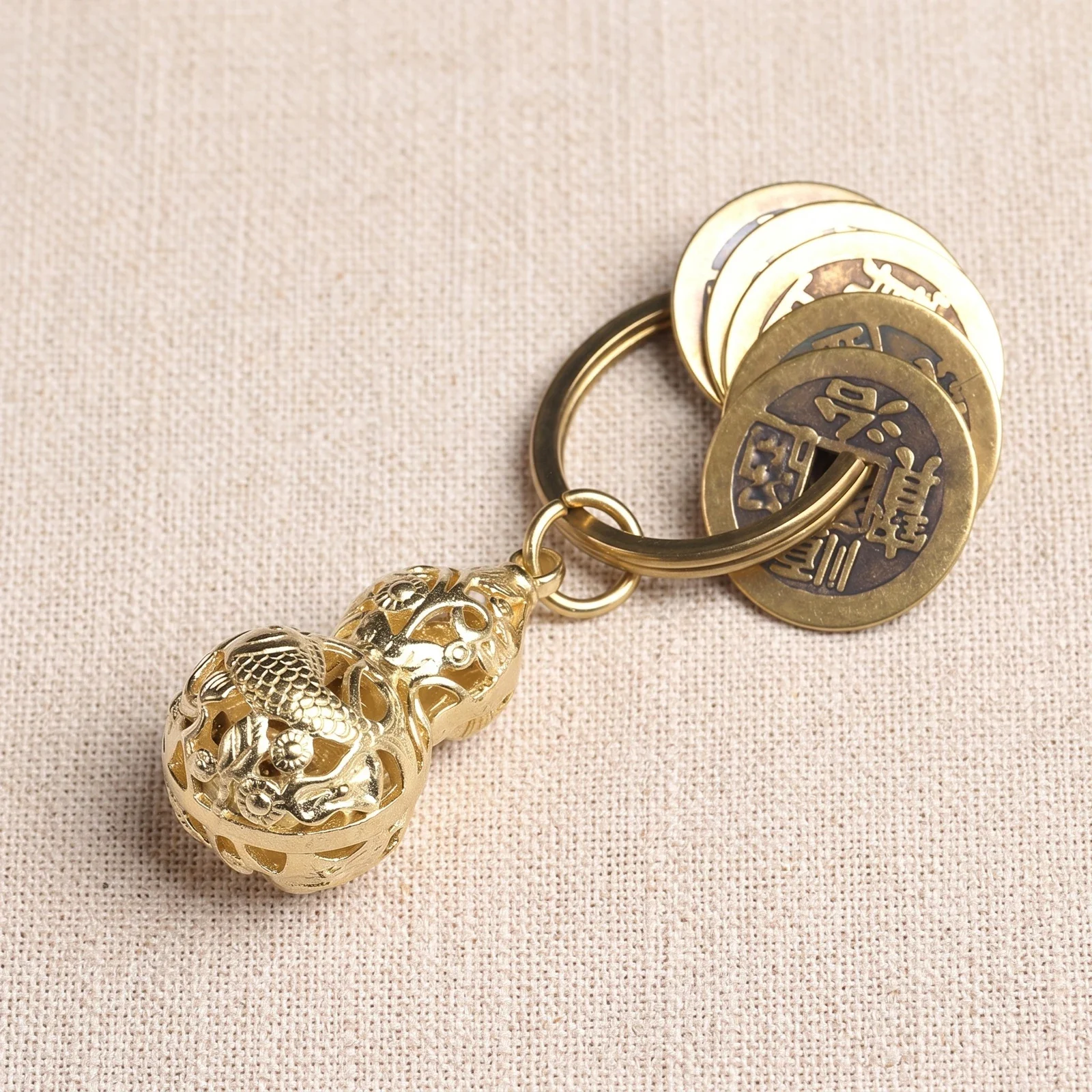 Pure Copper Five Emperor Coin and Gourd Keychain