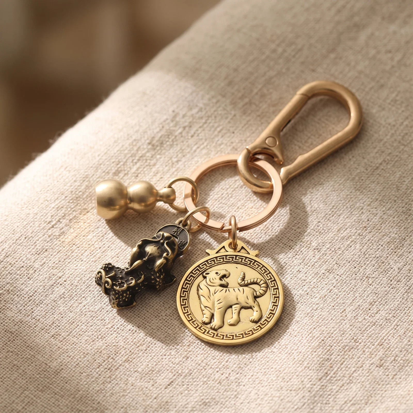 Brass Pixiu Gourd and Abacus Keychain Set