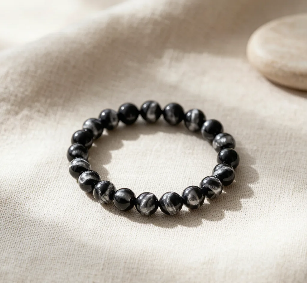 Silver Obsidian Bead Bracelet