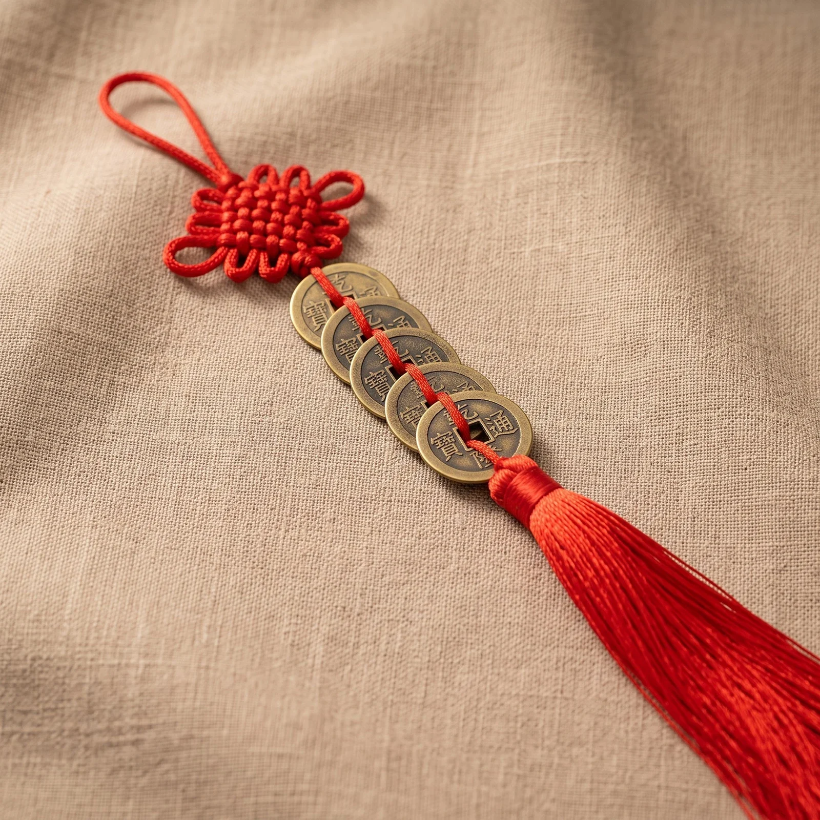 Brass Five Emperor Coin Car Hanging with Gourd and Tassel — photo 3