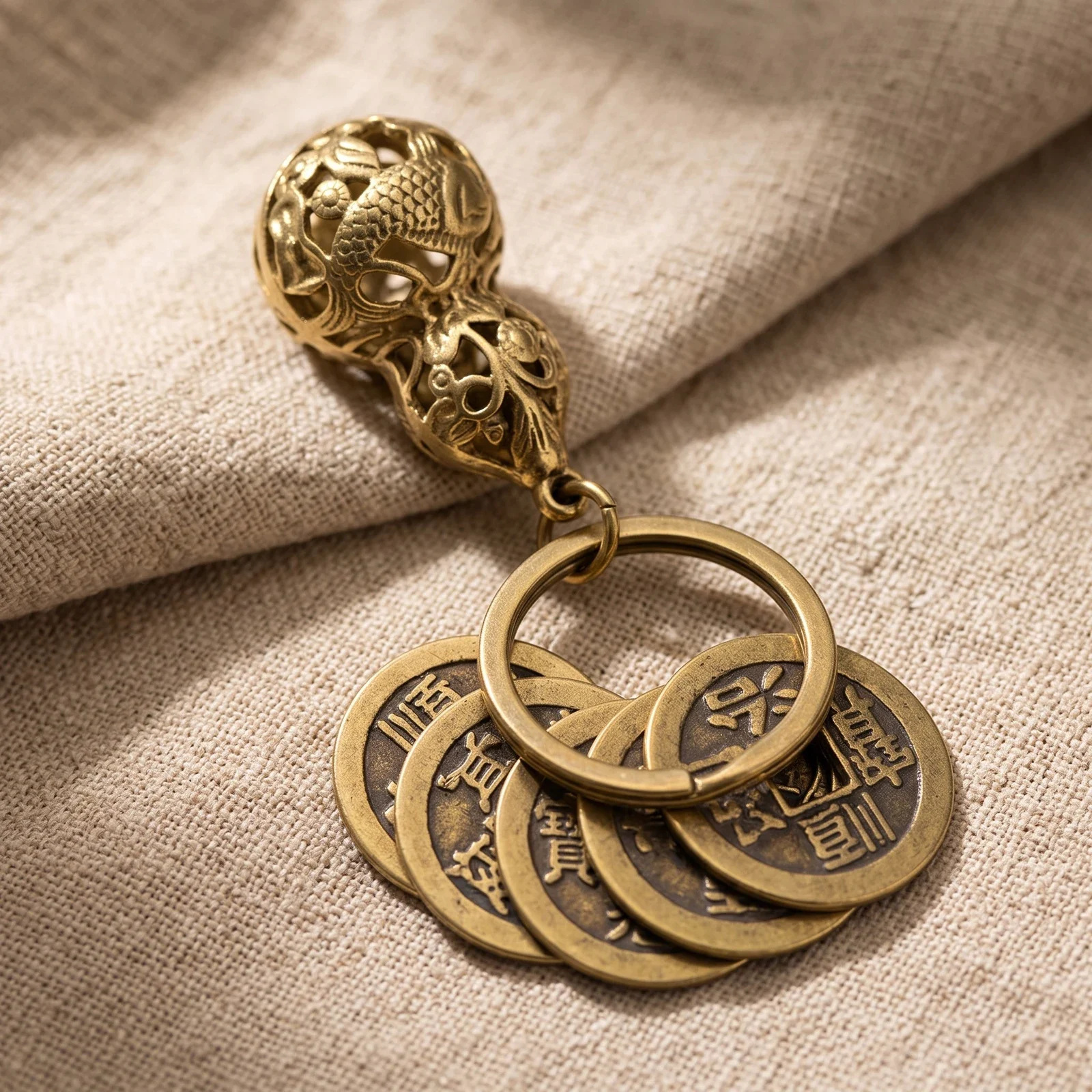 Pure Copper Five Emperor Coin and Gourd Keychain — photo 3