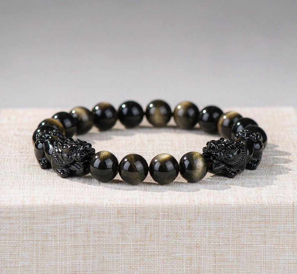 Golden Obsidian Bead Bracelet — Double Pixiu