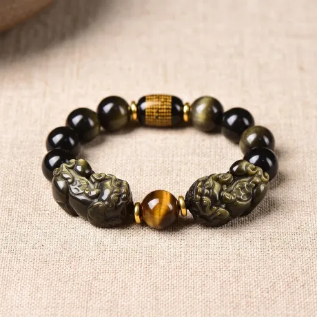 Golden Obsidian Bead Bracelet — Double Pixiu