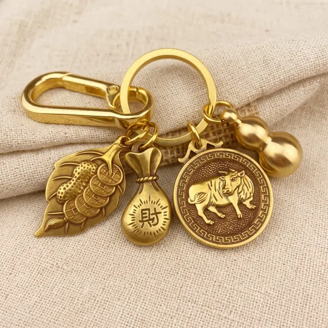 Brass Gourd and Money Bag Zodiac Keychain